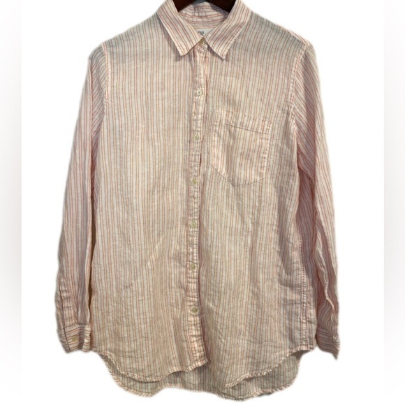 GAP Boyfriend Fit Linen Button-Down Shirt – Peach Stripe – Size M - Picture 1 of 7